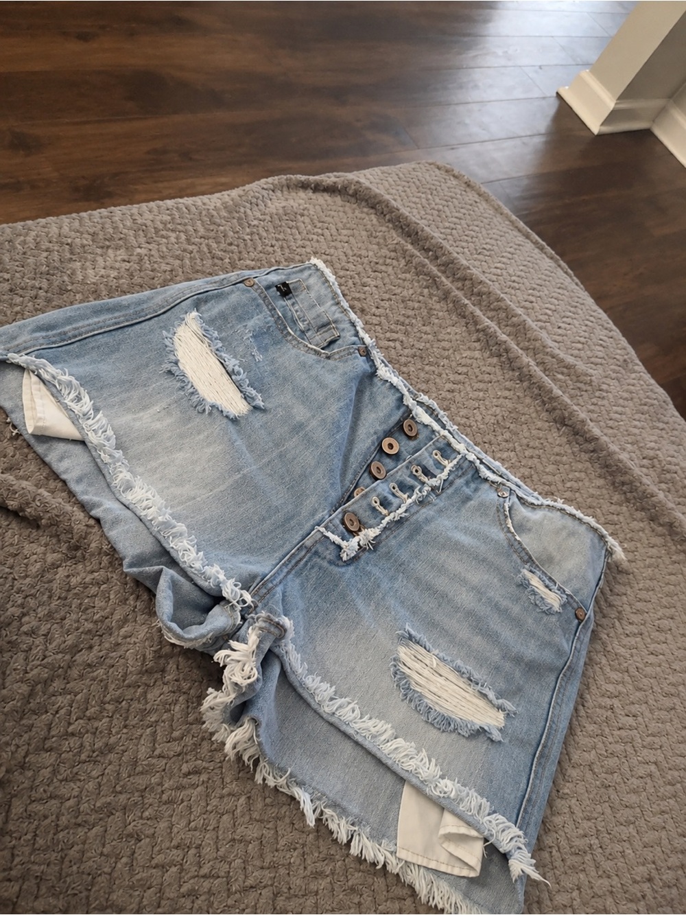 KanCan Light Wash Distressed Denim Shorts with Button-Fly